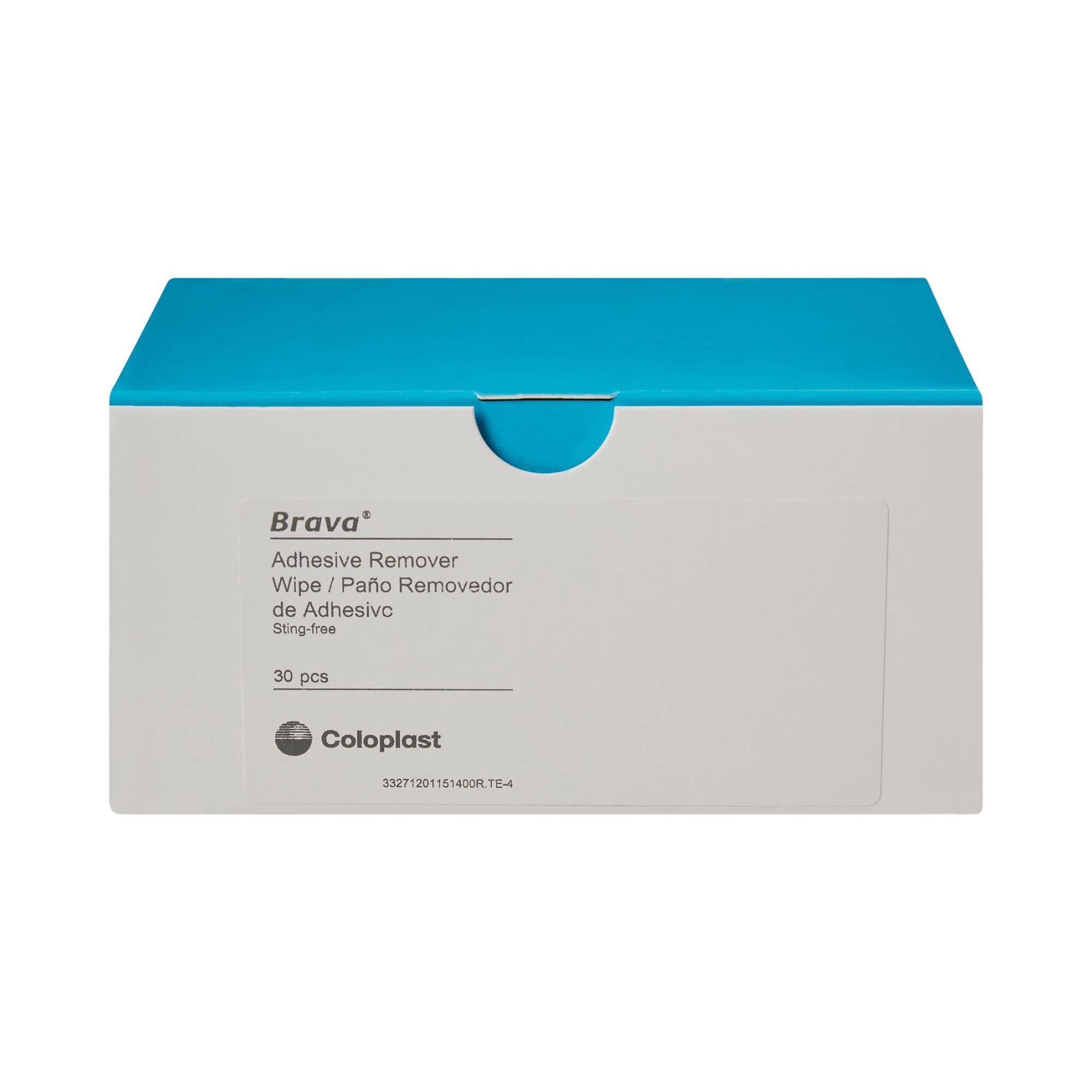 Caja abierta con toallitas Coloplast Brava visibles, formato monodosis práctico