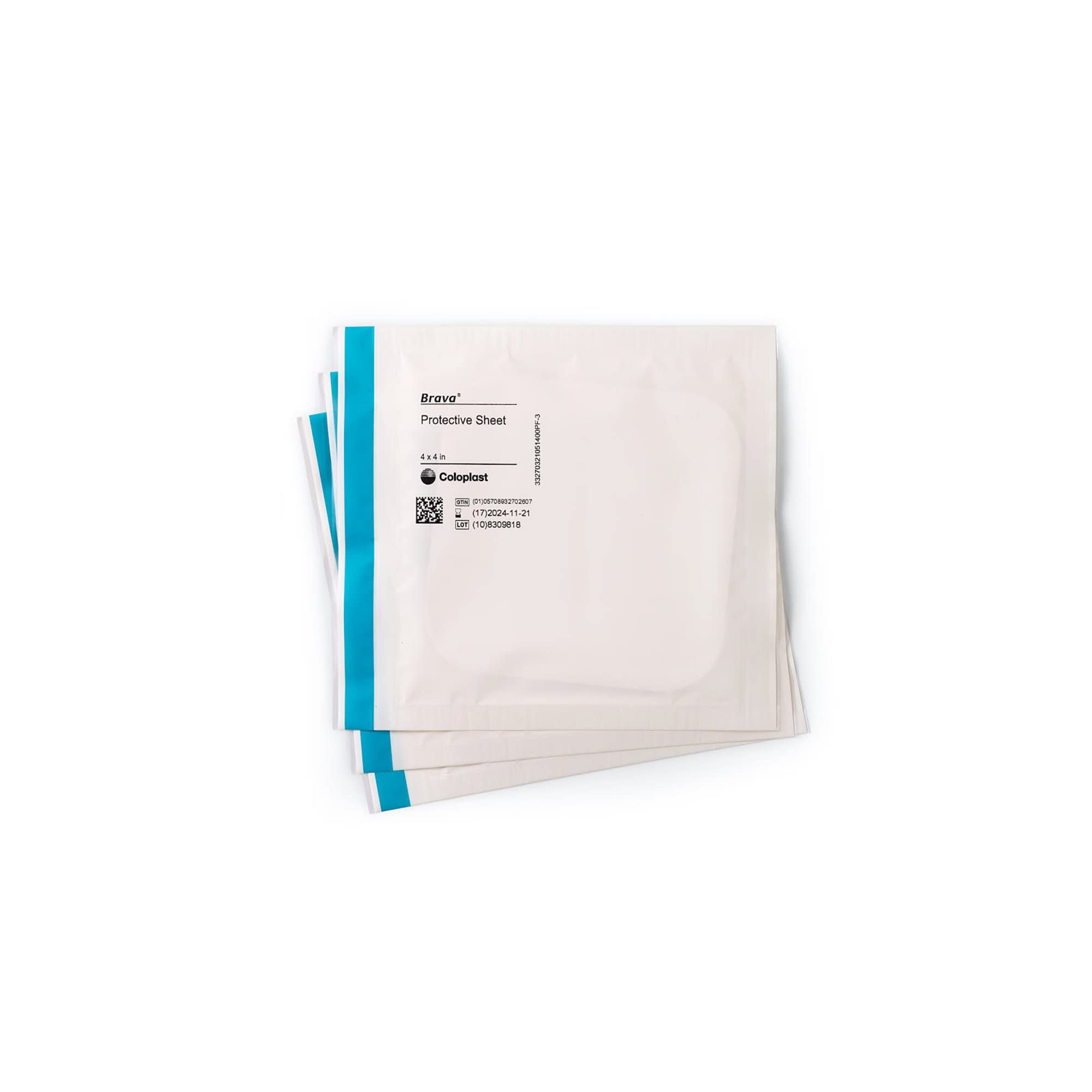 Coloplast Brava empaque frontal mostrando caja de diez hojas, fácil almacenamiento