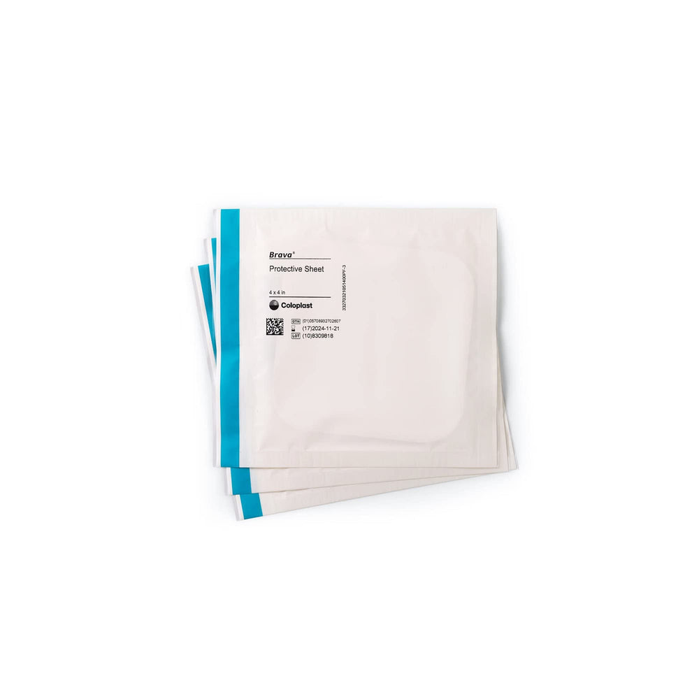 Coloplast Brava empaque frontal mostrando caja de diez hojas, fácil almacenamiento