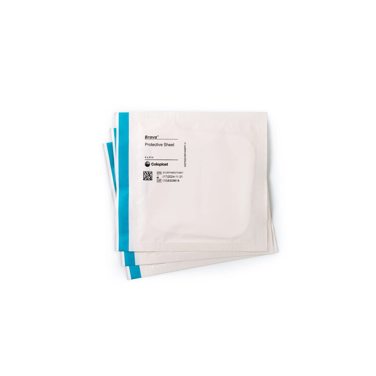 Coloplast Brava empaque frontal mostrando caja de diez hojas, fácil almacenamiento