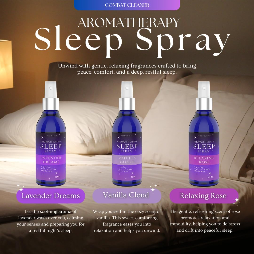 Persona rociando Combat Cleaner sobre almohada, crea ambiente relajante antes de dormir