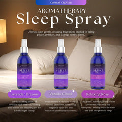 Persona rociando Combat Cleaner sobre almohada, crea ambiente relajante antes de dormir
