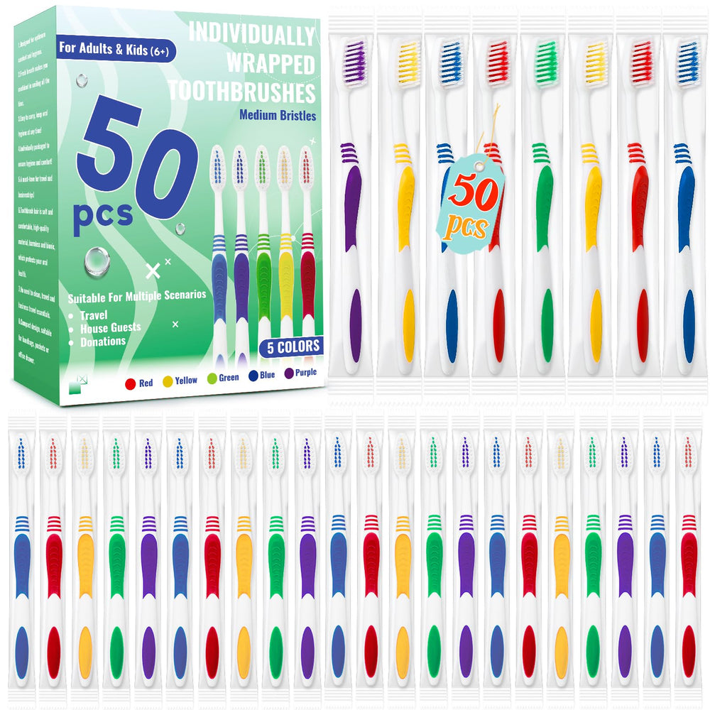 Comdian empaque frontal mostrando 50 cepillos, higiene lista para viajar