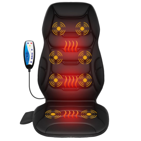 COMFIER cojín masajeador frontal mostrando 8 motores y ajuste ergonómico para confort