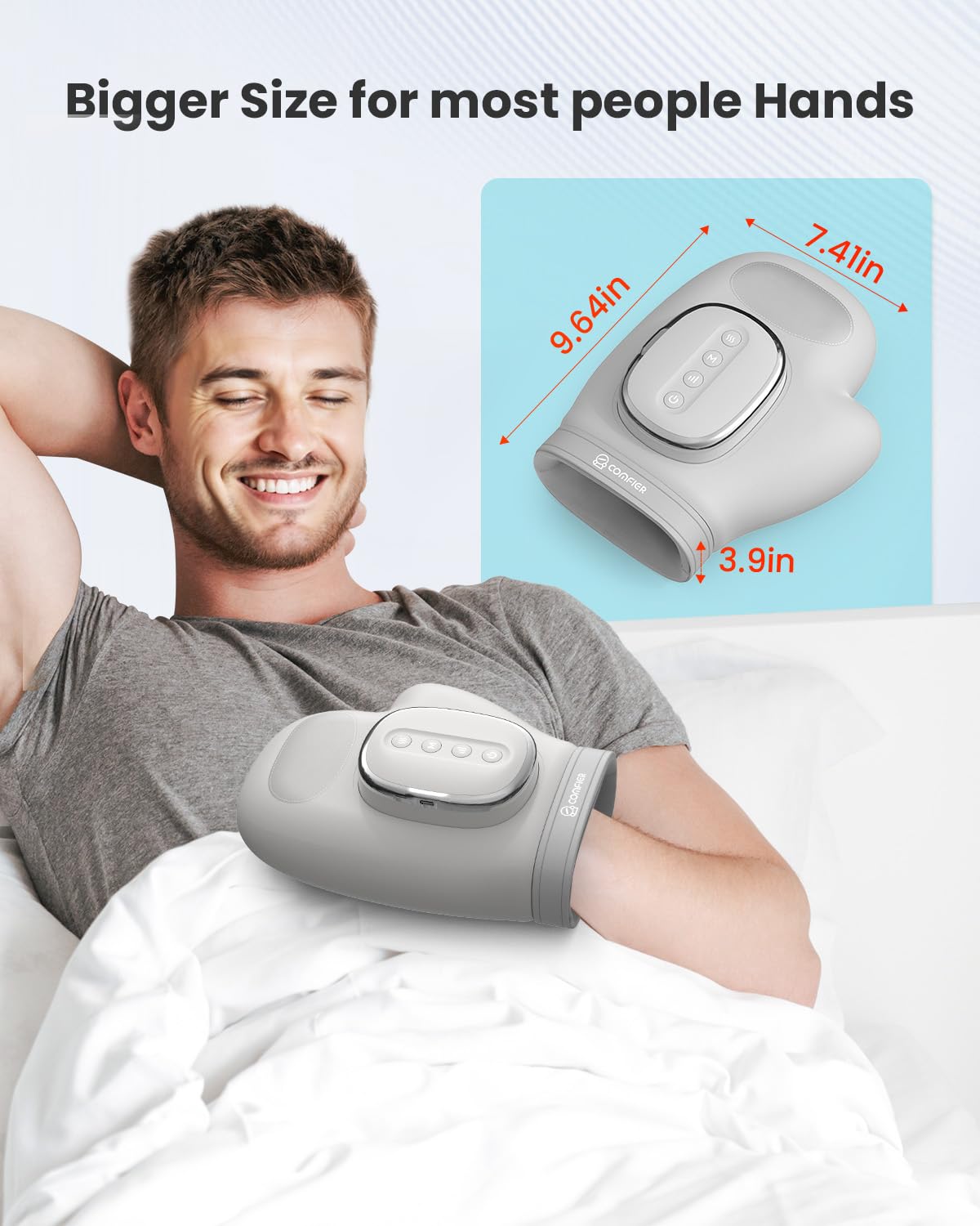COMFIER comparación de tamaño con una mano para mostrar ajuste a manos grandes