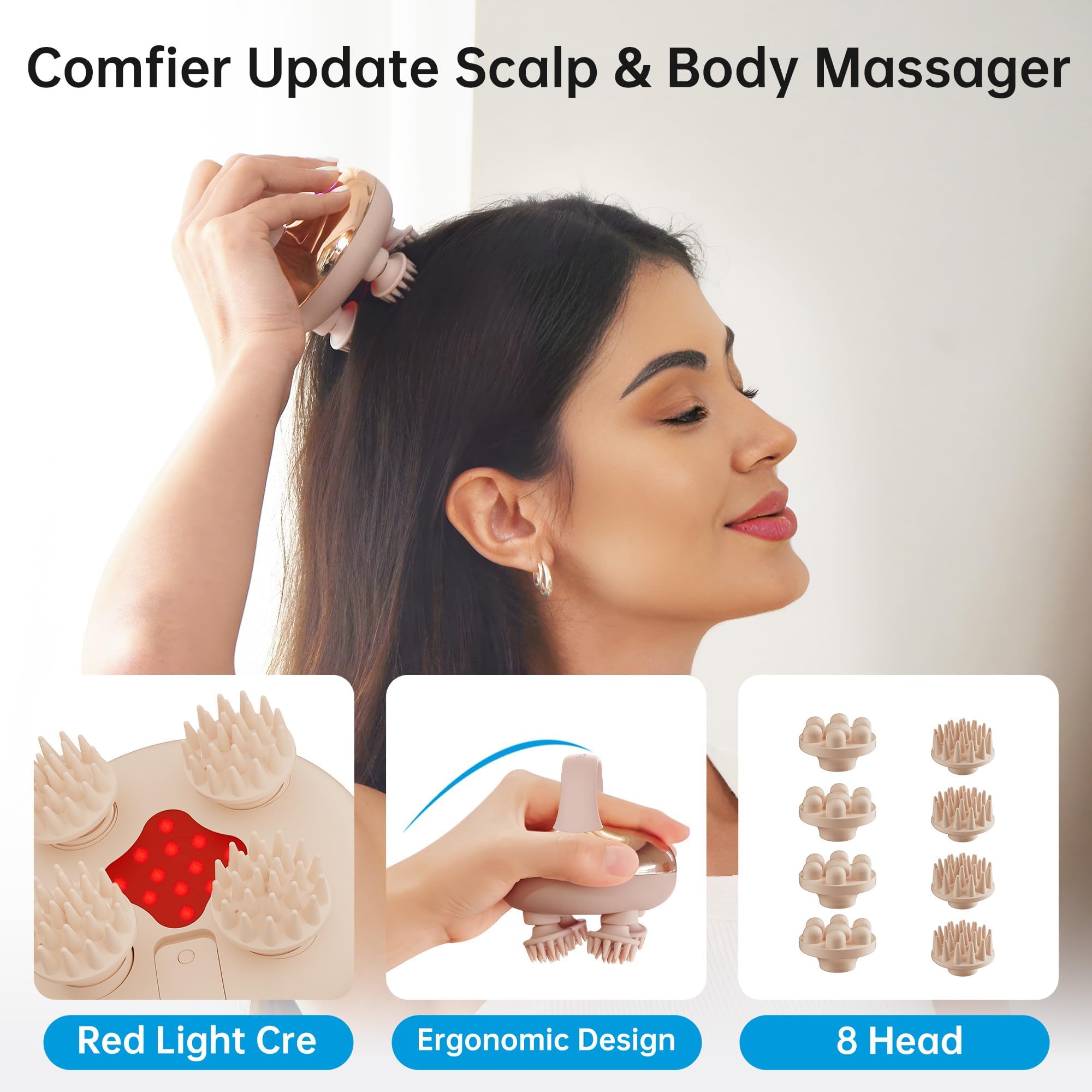 COMFIER primer plano de las ocho cabezas de silicona para masaje profundo y suave