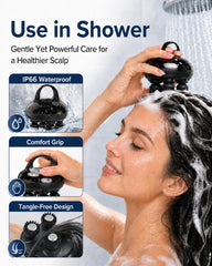 COMFIER masajeador en uso sobre cabello largo ofreciendo relajación rápida