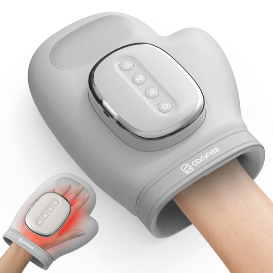 COMFIER vista frontal del masajeador mostrando diseño ergonómico y beneficios prácticos