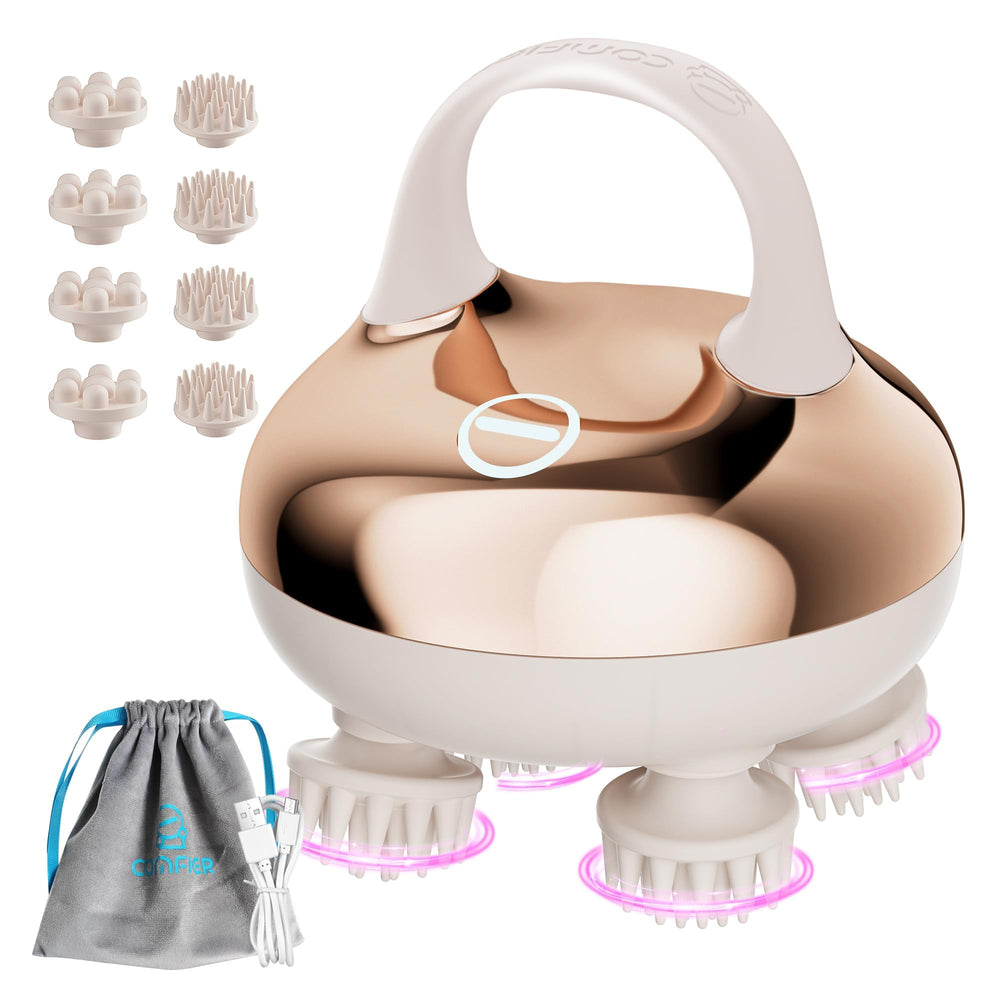 COMFIER vista frontal del masajeador inalámbrico mostrando diseño portátil y beneficios