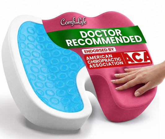 ComfiLife frente del cojín rosa mostrando diseño y beneficios ergonómicos