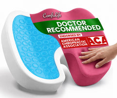 ComfiLife frente del cojín rosa mostrando diseño y beneficios ergonómicos