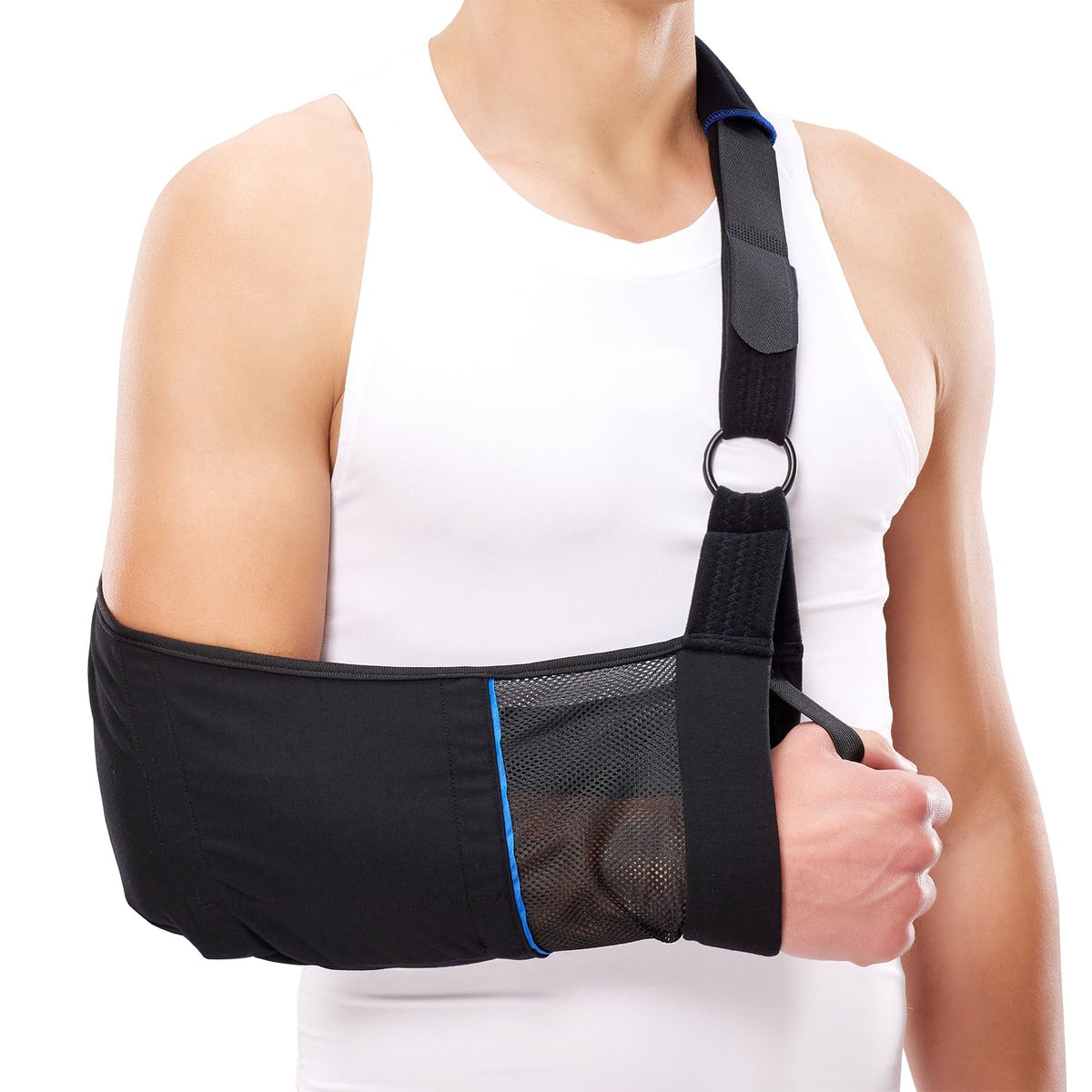 Comforband cabestrillo frontal mostrando soporte y comodidad