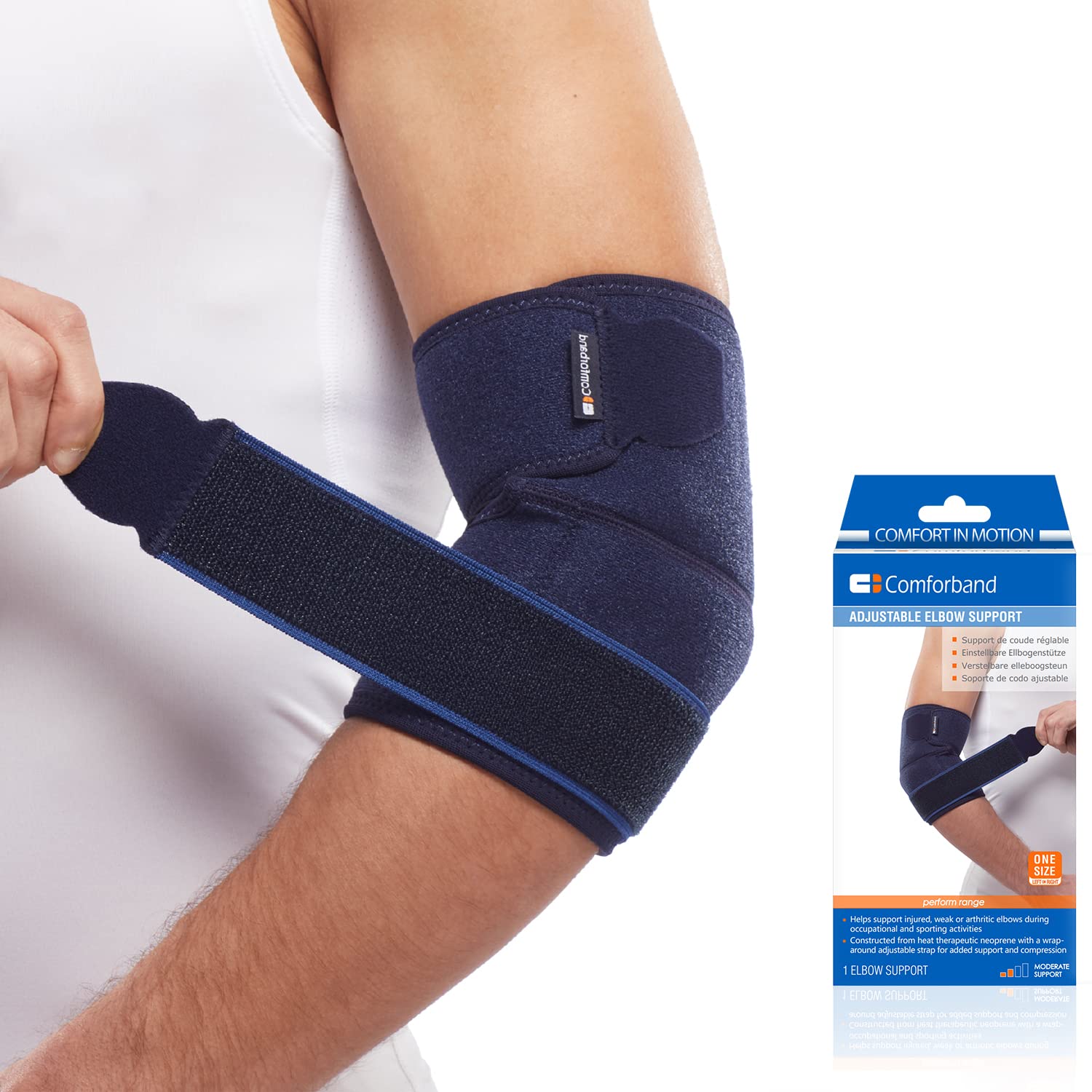 Comforband frontal del empaque mostrando soporte y beneficios visibles