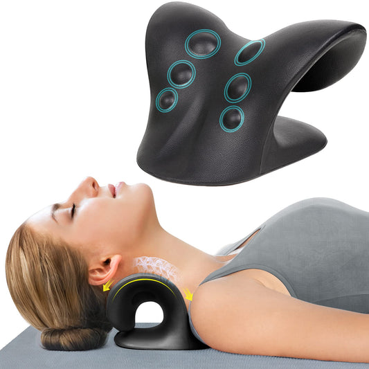 ComfortLife vista frontal del estirador de cuello mostrando forma ergonómica y beneficio de soporte
