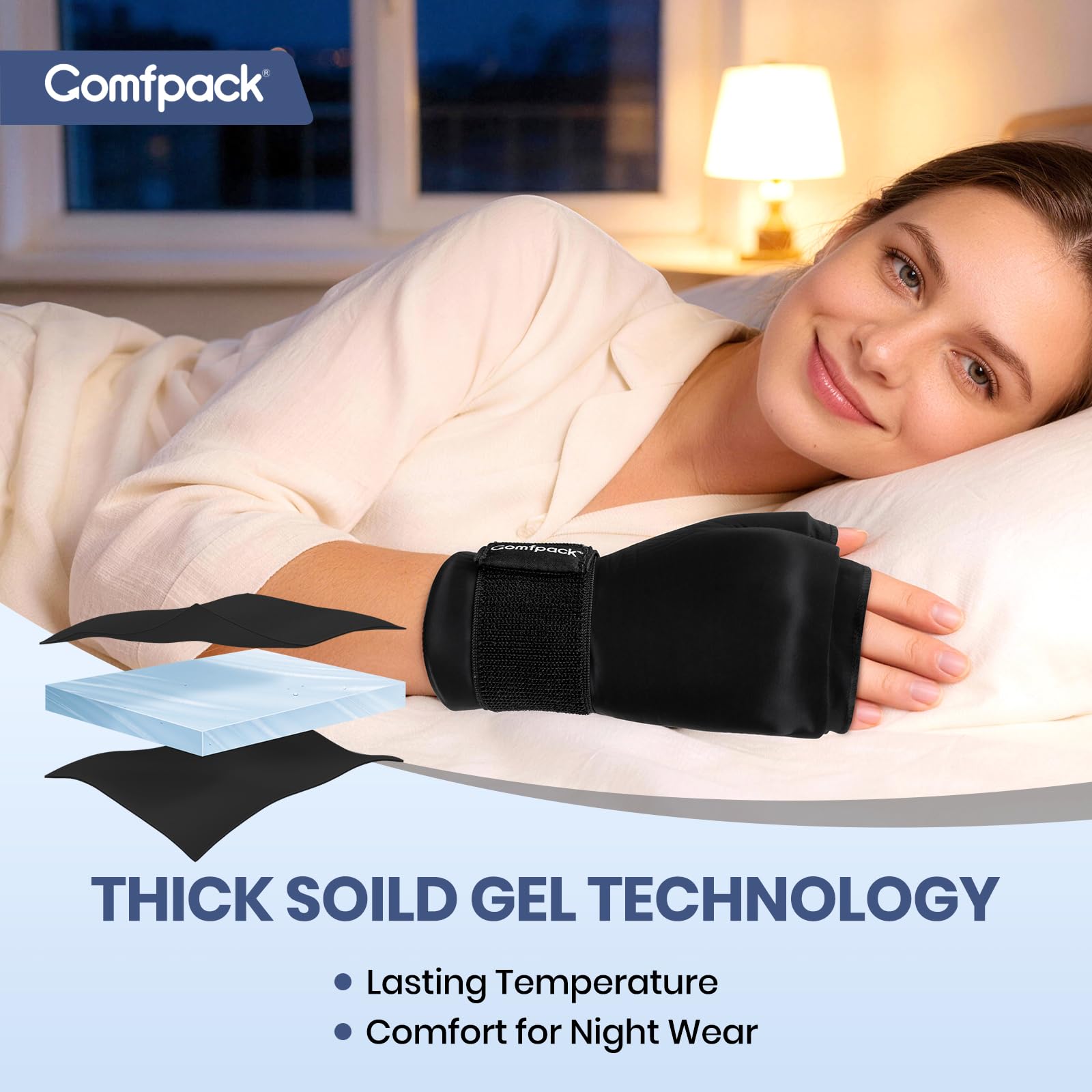 Comfpack junto a mano para comparar tamaño y ajuste seguro