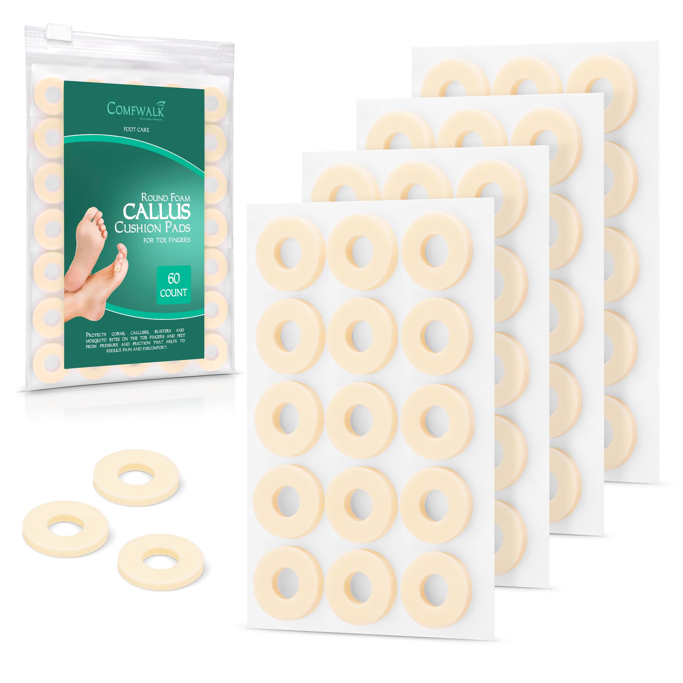 Comfwalk empaque frontal mostrando 60 almohadillas, protección duradera