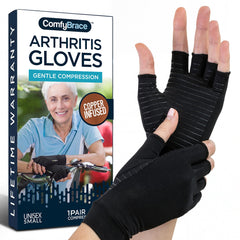 ComfyBrace vista frontal del empaque mostrando guantes y beneficios