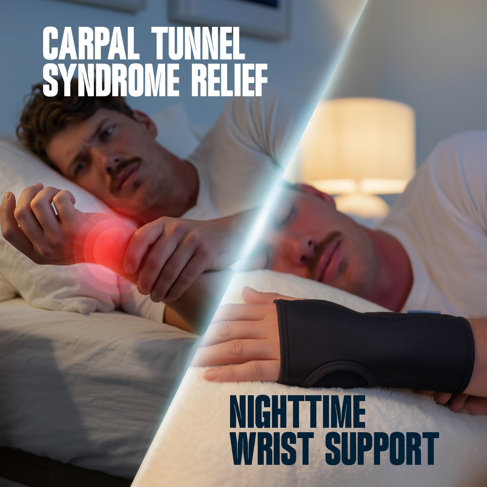 ComfyBrace muñequera puesta en mano durante la noche para descanso más continuo