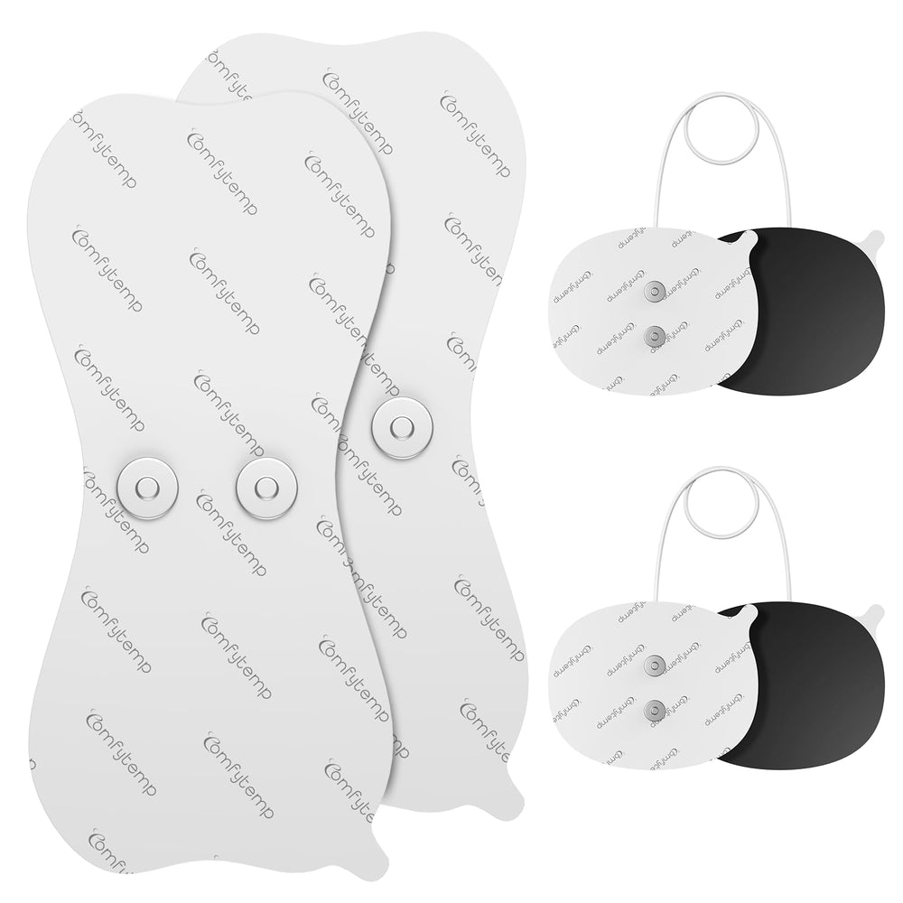 Comfytemp empaque frontal mostrando cuatro electrodos y beneficio de almacenamiento limpio