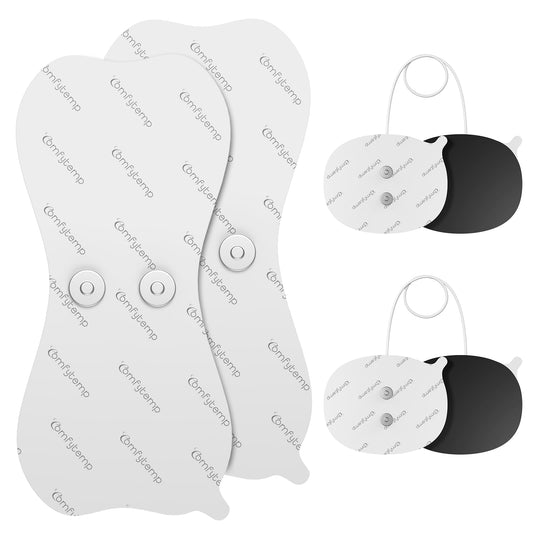 Comfytemp empaque frontal mostrando cuatro electrodos y beneficio de almacenamiento limpio