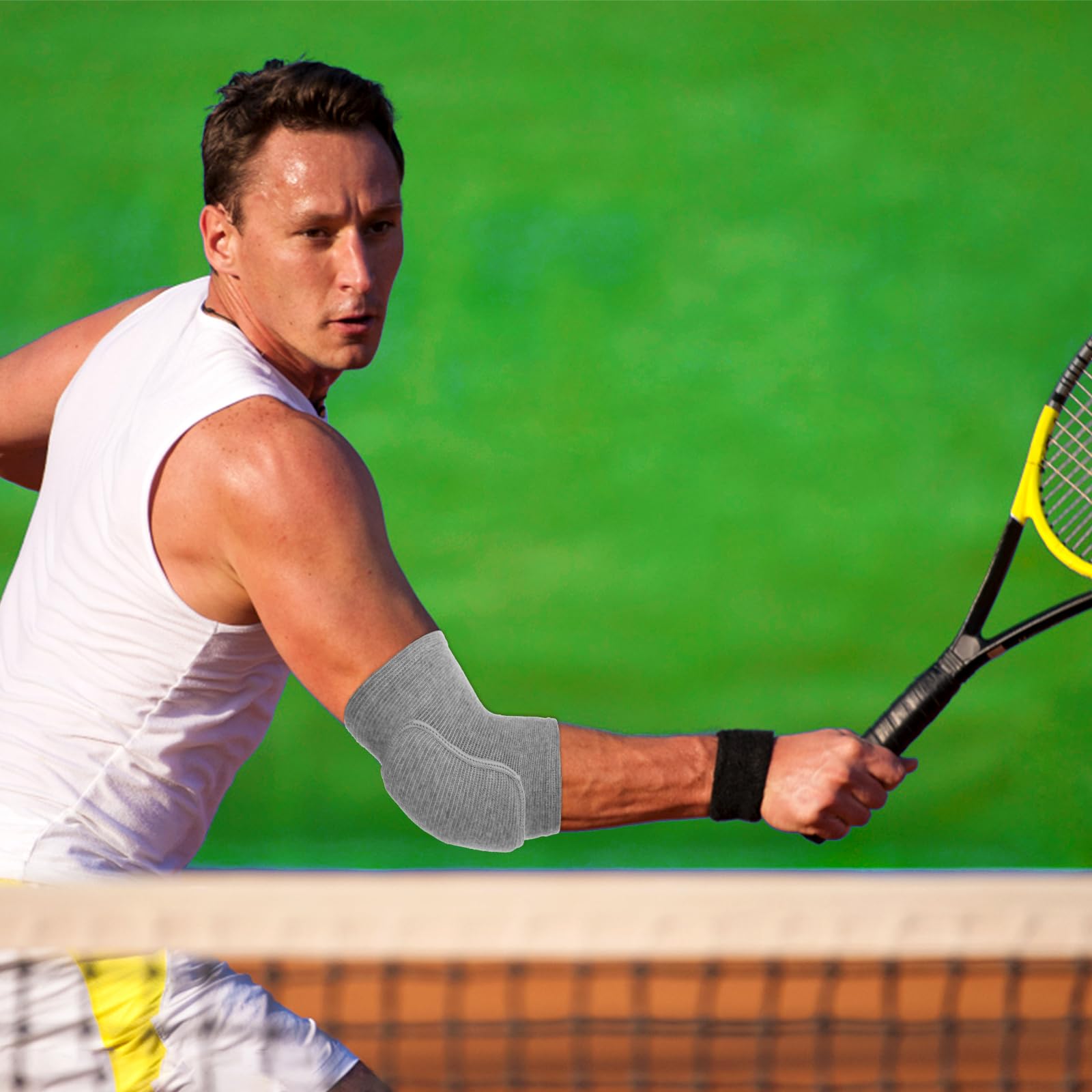 COMNICO codo protegido durante un golpe de tenis, soporte seguro