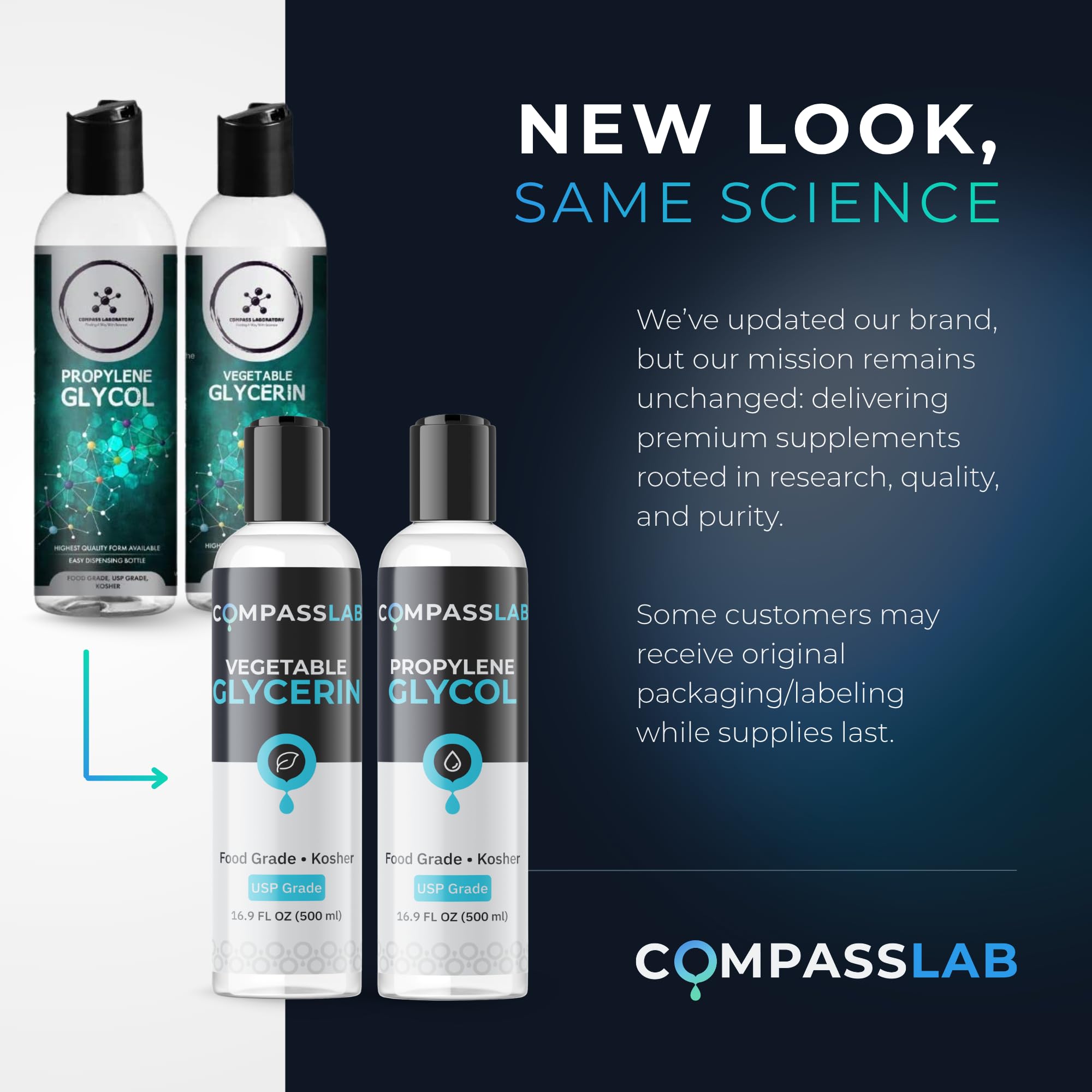 Compass Laboratory frascos en manos para comparar tamaño práctico