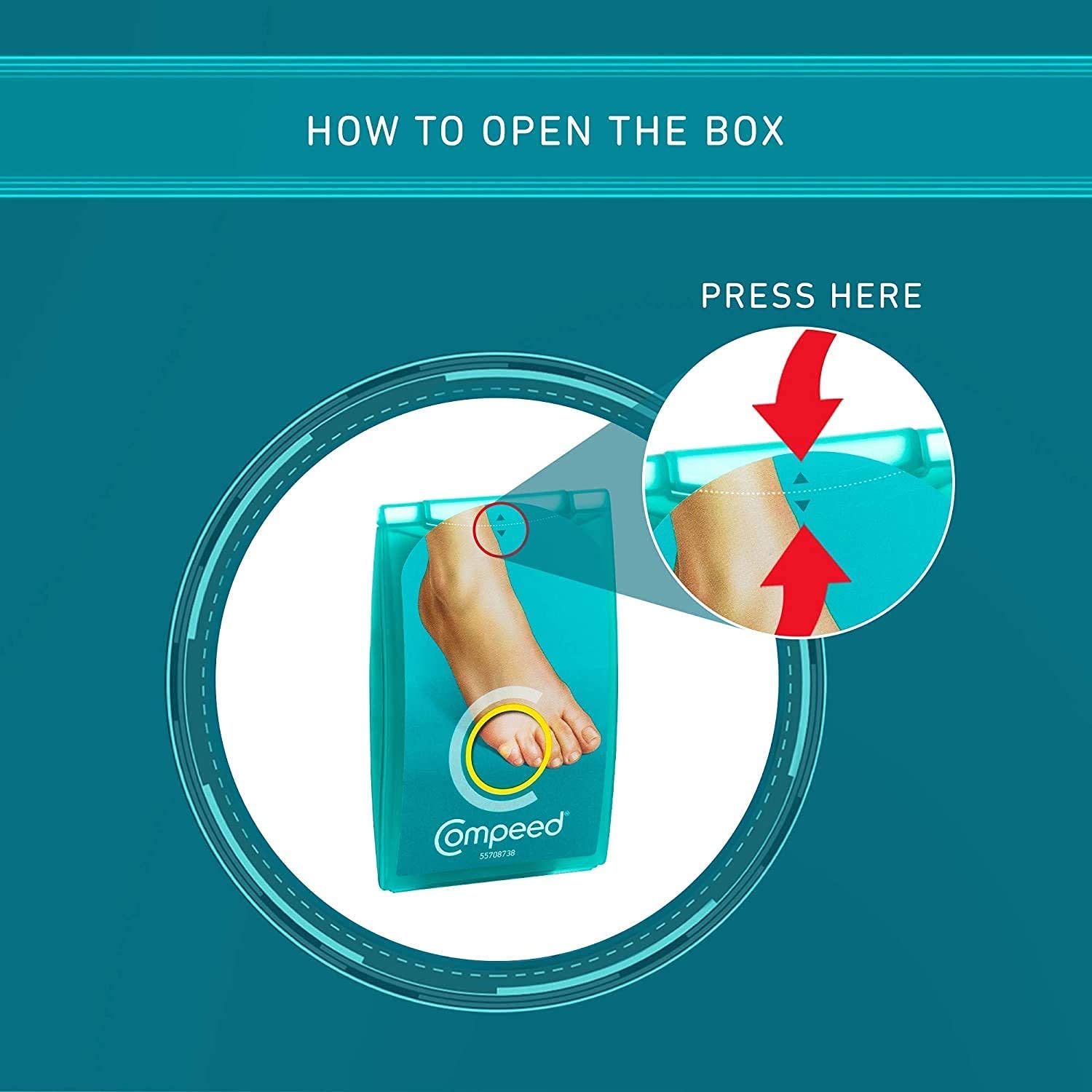 Compeed comparación de tamaño junto a un dedo para visualizar escala