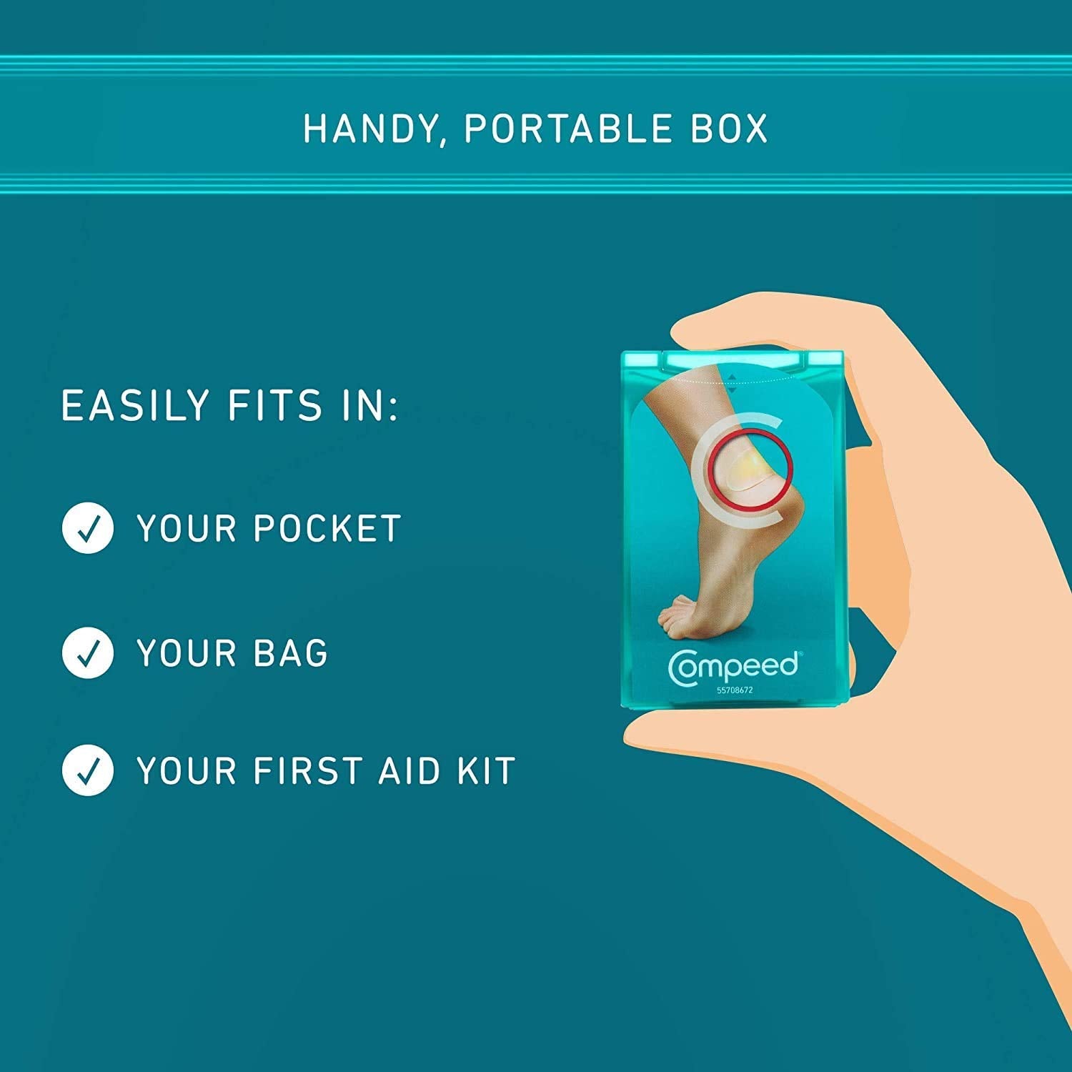 Compeed parche junto a mano para mostrar tamaño y fácil aplicación