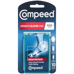 Compeed embalaje frontal mostrando las 10 almohadillas mixtas y la protección inmediata