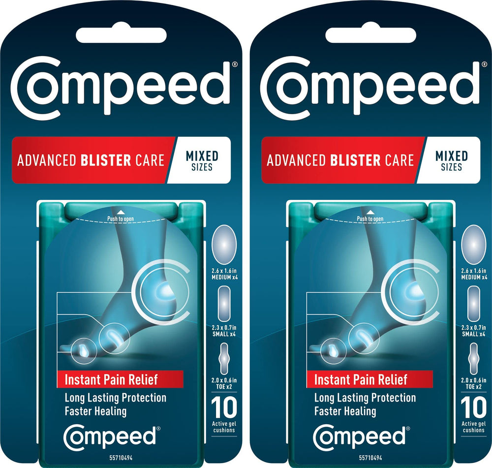 compeed paquete frontal mostrando 10 almohadillas y beneficio de protección prolongada