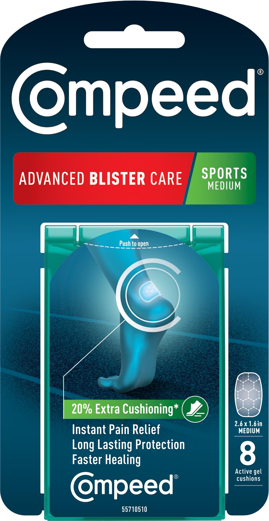 Compeed empaque frontal mostrando 8 parches y beneficios visibles