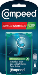 Compeed empaque frontal mostrando 8 parches y beneficios visibles