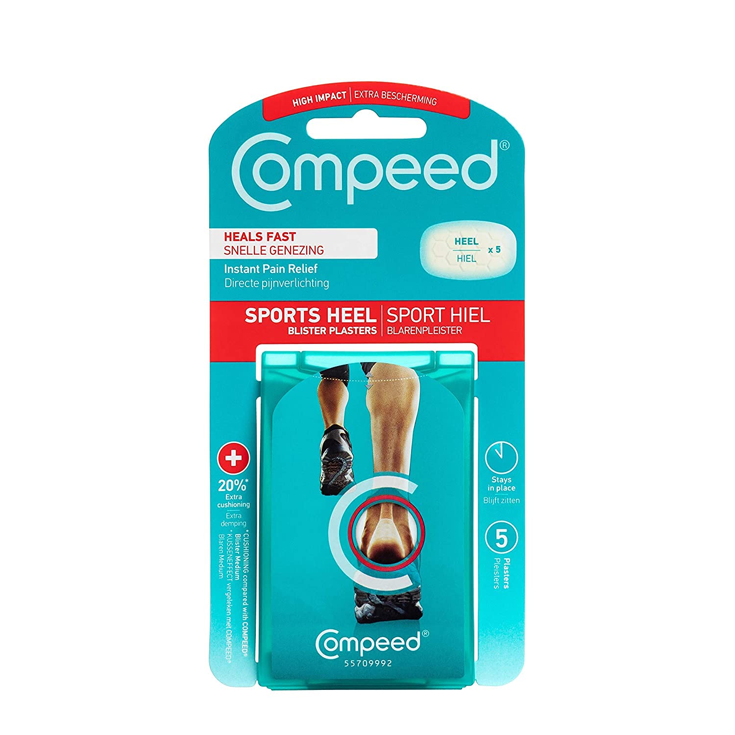 Compeed empaque frontal mostrando 5 parches, protección duradera