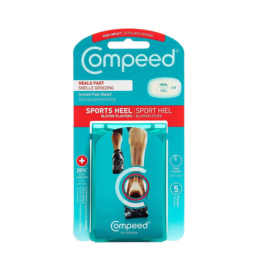 Compeed empaque frontal mostrando 5 parches, protección duradera