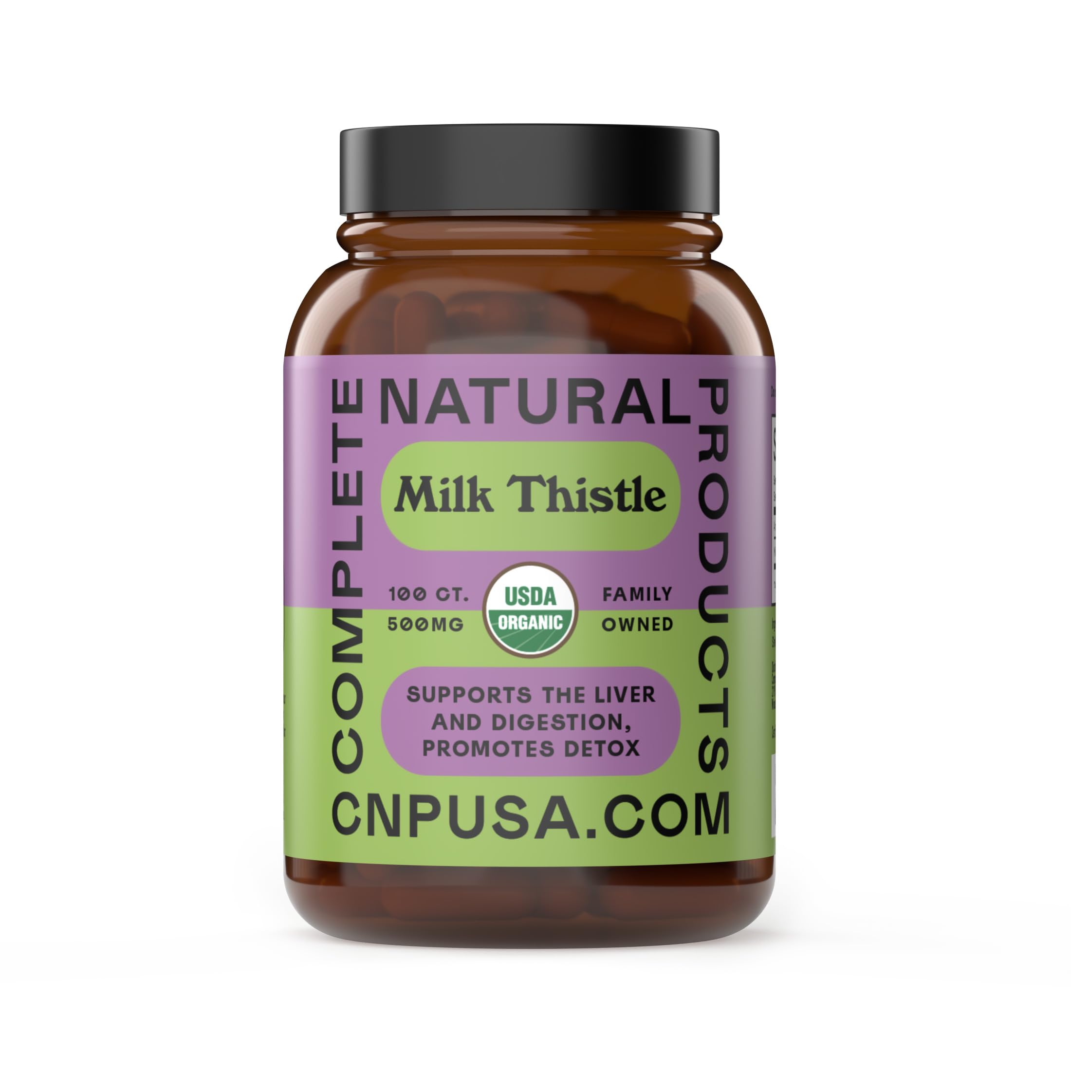 Complete Natural Products frasco delantero orgánico mostrando etiqueta y beneficio de pureza
