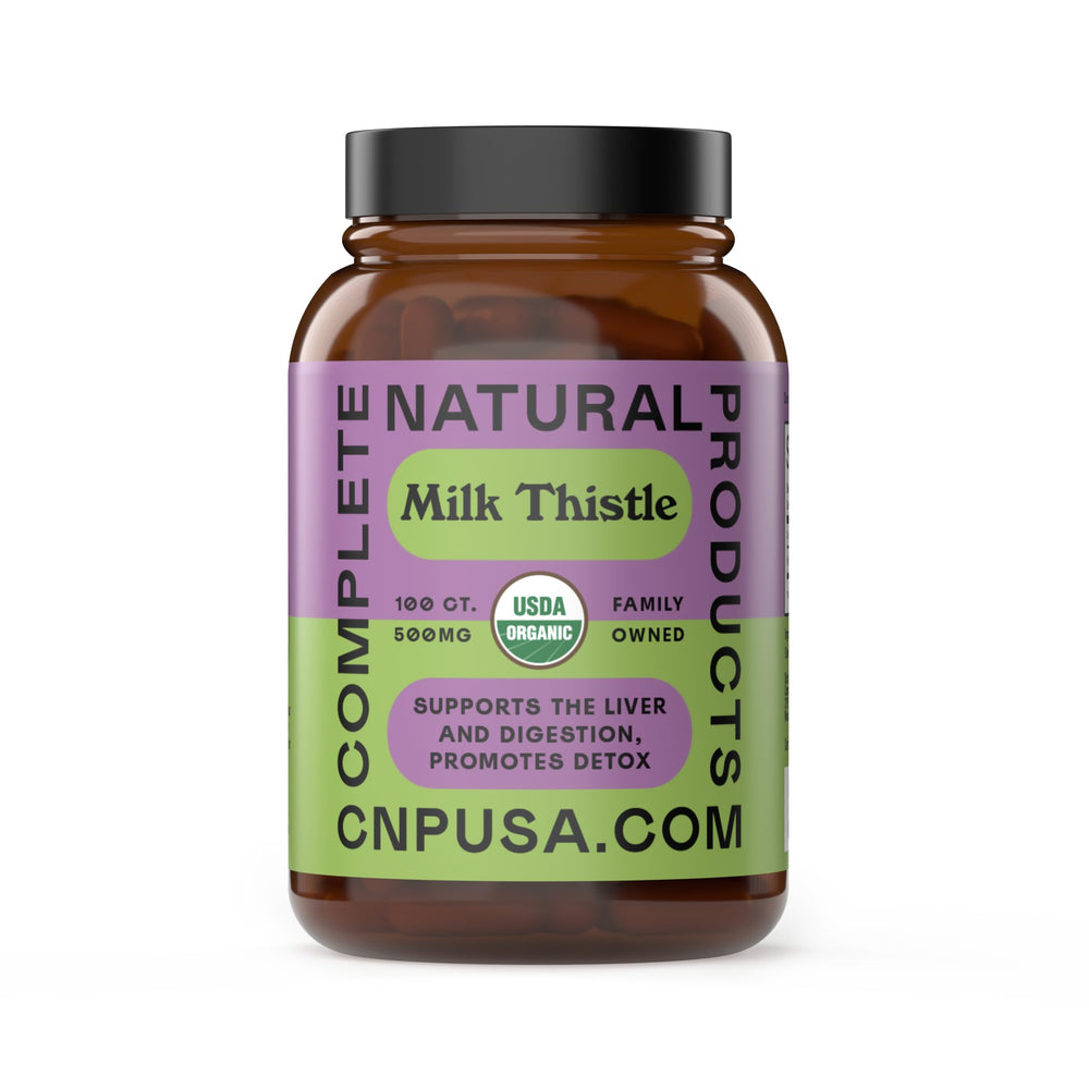 Complete Natural Products frasco delantero orgánico mostrando etiqueta y beneficio de pureza