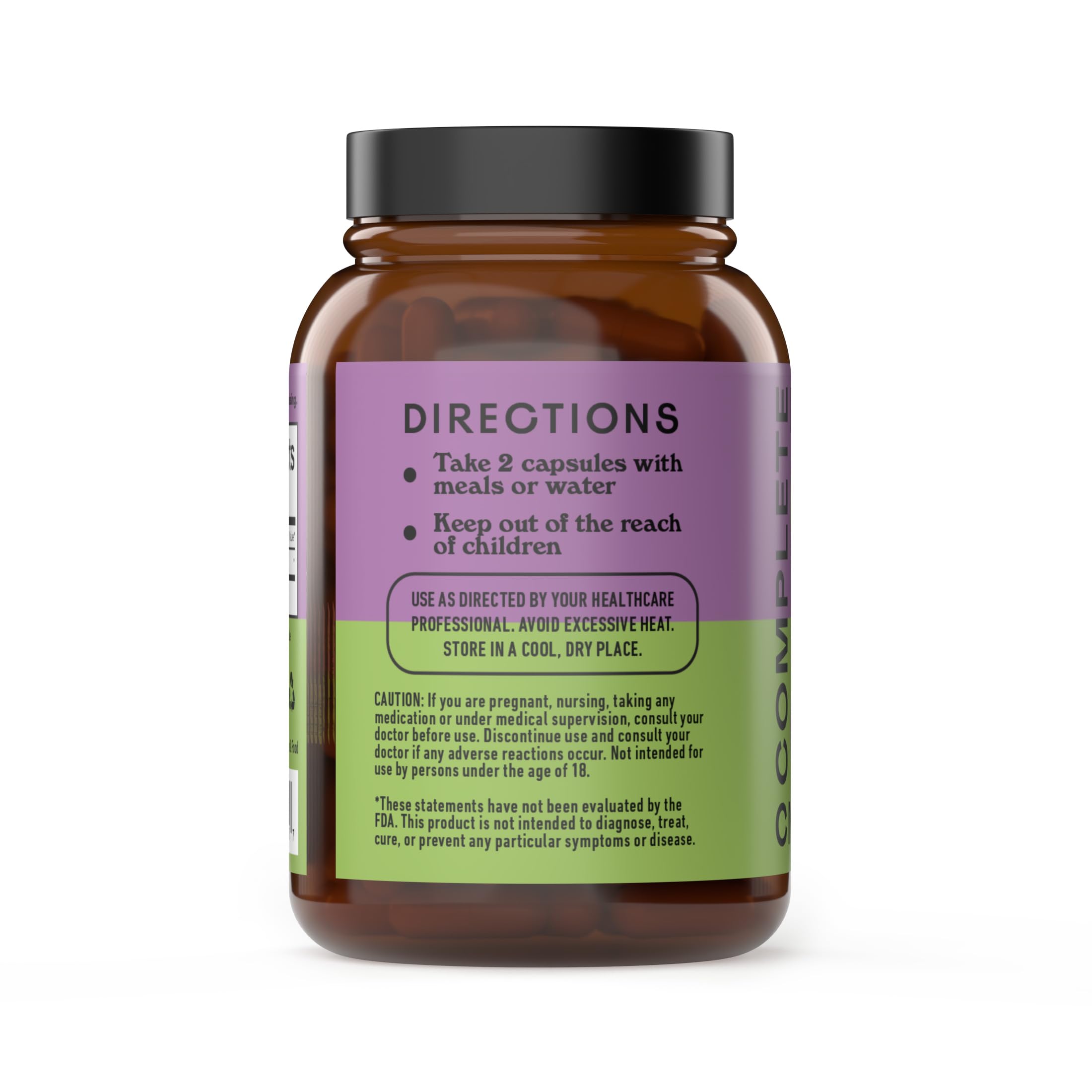 Complete Natural Products etiqueta lateral con certificaciones USDA y Non-GMO como ventaja