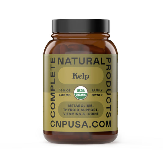 Complete Natural Products envase frontal que muestra kelp y beneficios naturales