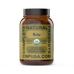 Complete Natural Products envase frontal que muestra kelp y beneficios naturales