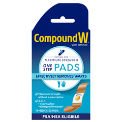 Compound W empaque frontal mostrando 14 almohadillas y beneficio de tratamiento localizado