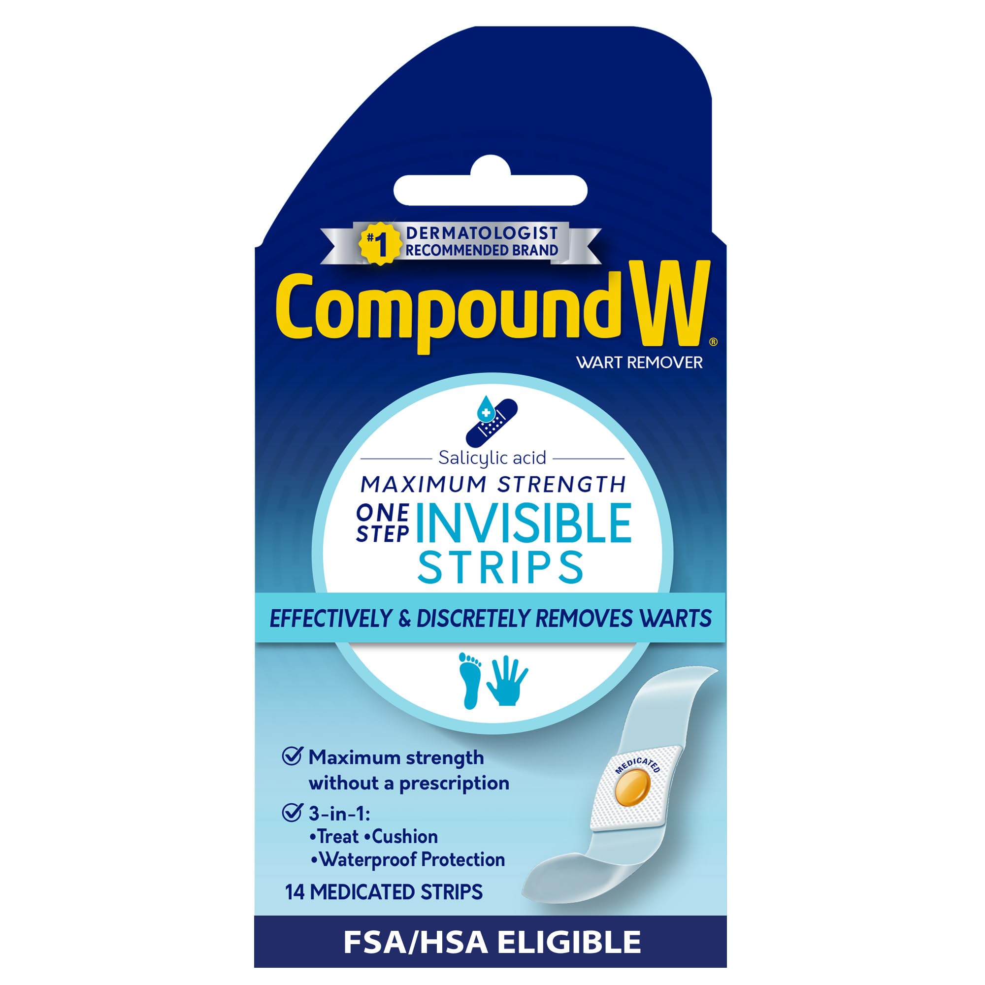 Compound W frente del empaque mostrando 14 tiras, confianza y conveniencia