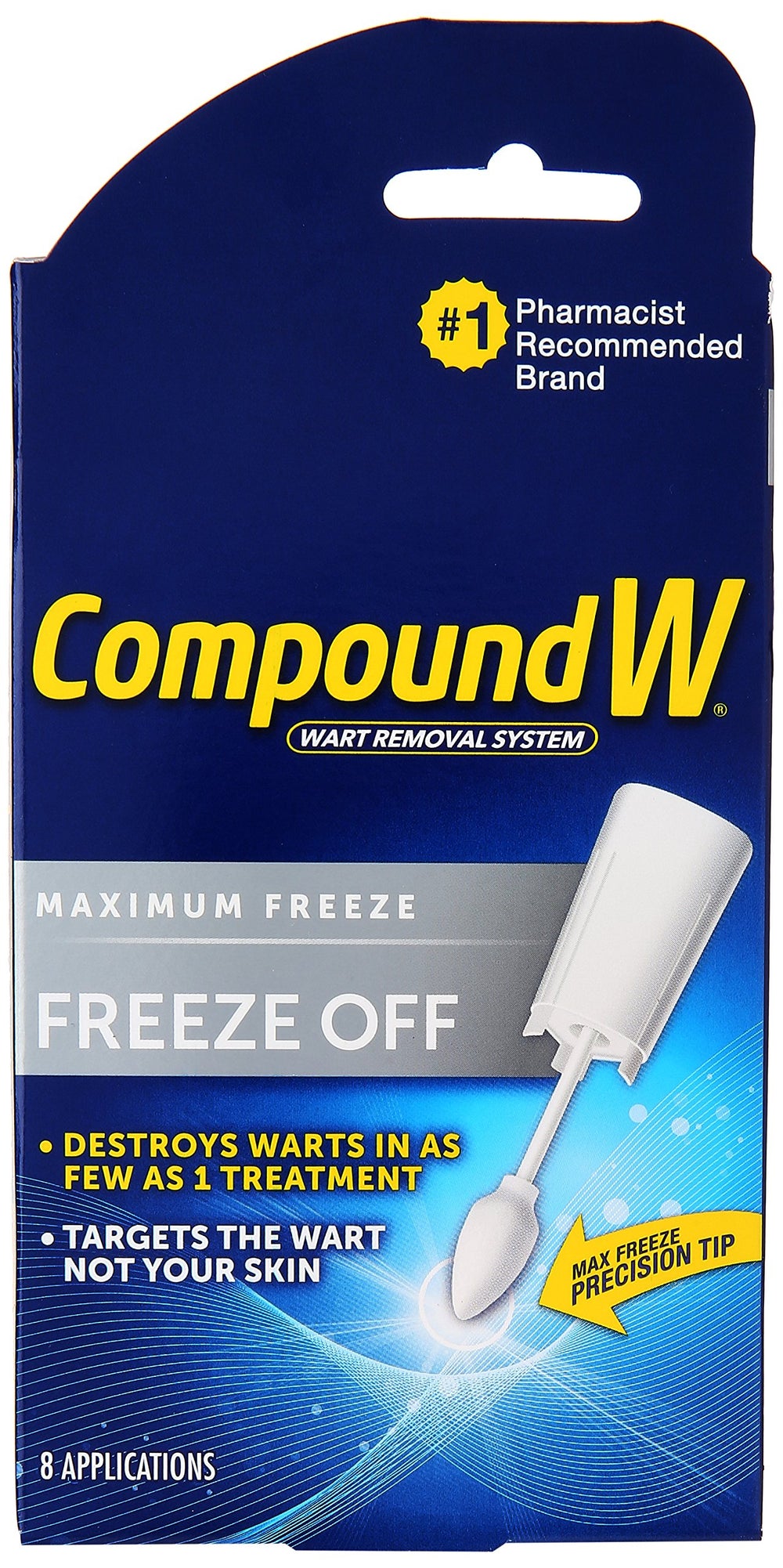 Compound W empaque frontal con instrucciones visibles y ventaja de uso en casa