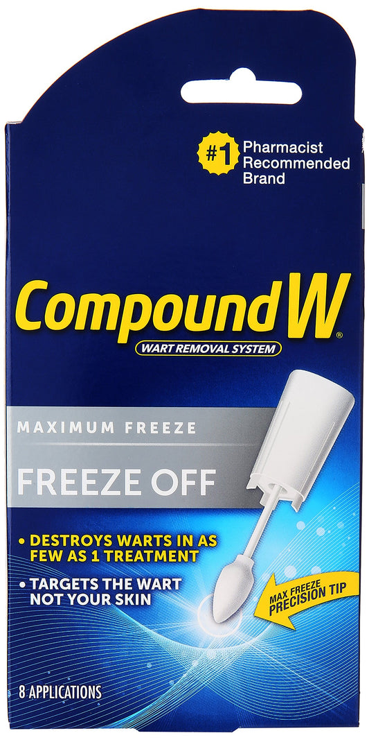 Compound W empaque frontal con instrucciones visibles y ventaja de uso en casa