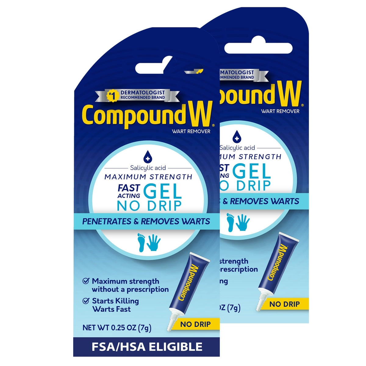Compound W frontal del pack de dos tubos mostrando presentación y beneficio práctico