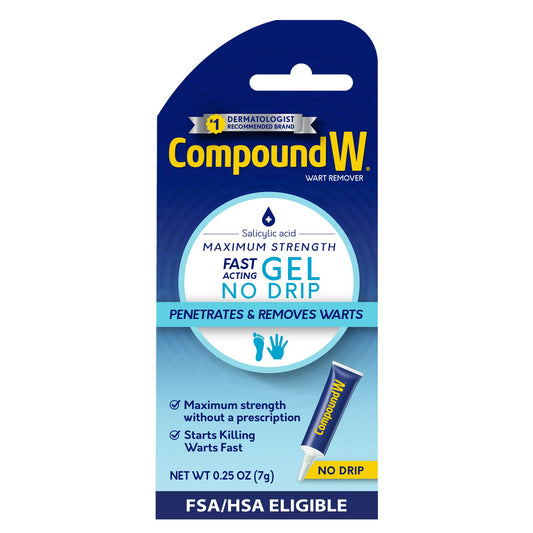Compound W envase frontal mostrando el tubo y beneficio de aplicación precisa