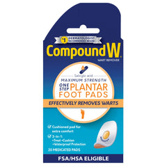Compound W frente del paquete con 20 parches y beneficios visibles