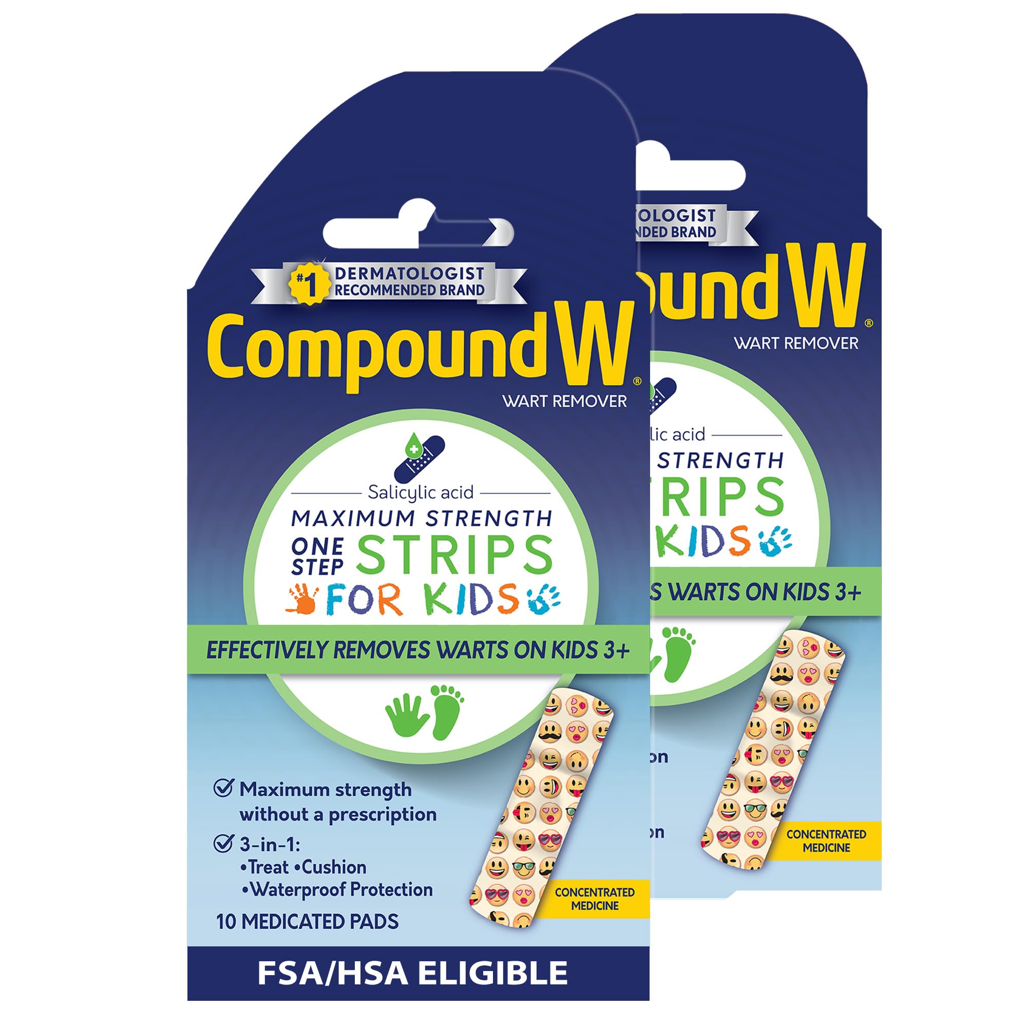 Compound W tira frontal mostrando el empaque y diseño infantil, facilita identificación rápida