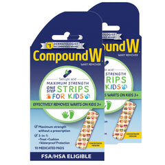 Compound W tira frontal mostrando el empaque y diseño infantil, facilita identificación rápida