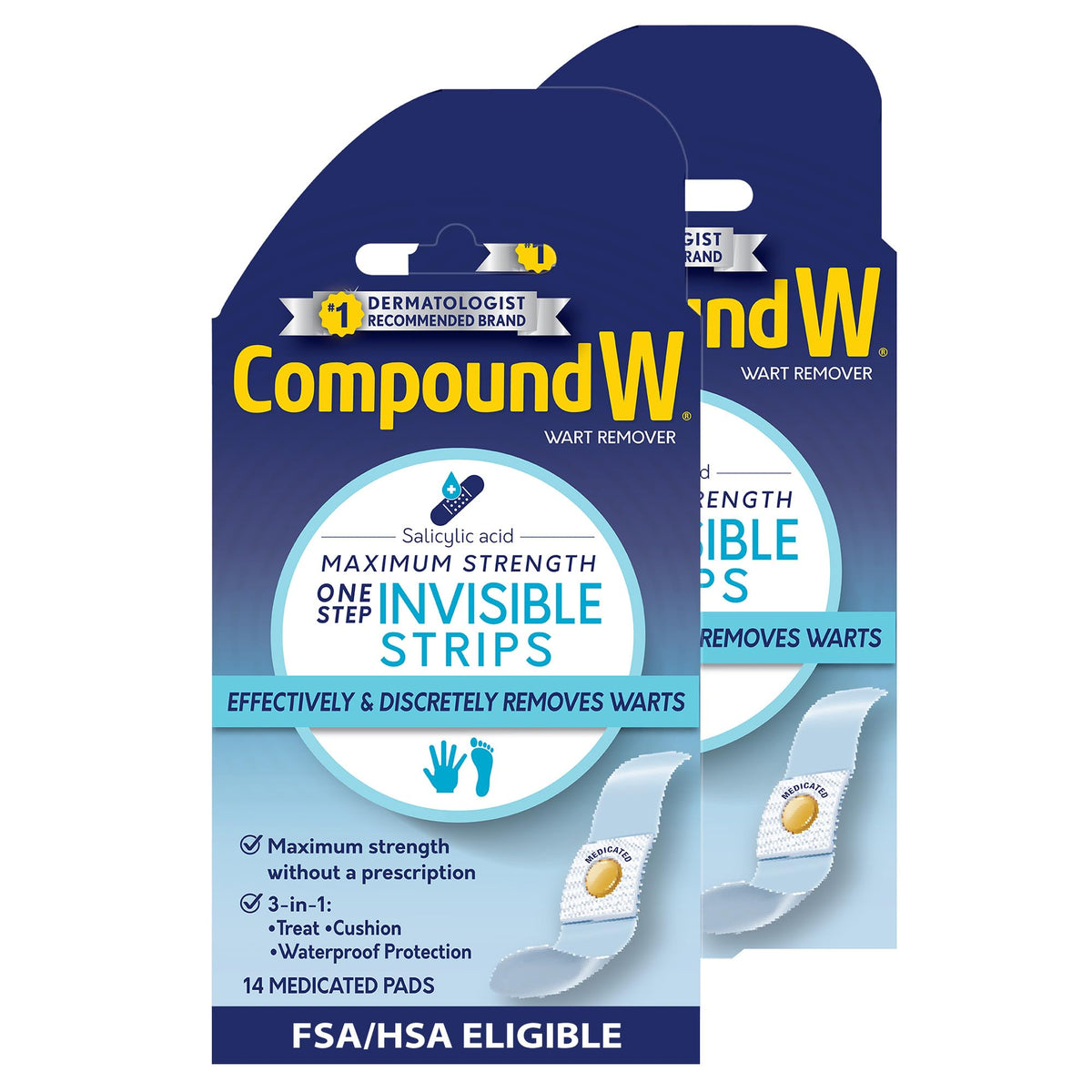 Compound W empaque frontal mostrando tiras invisibles y beneficio discreción