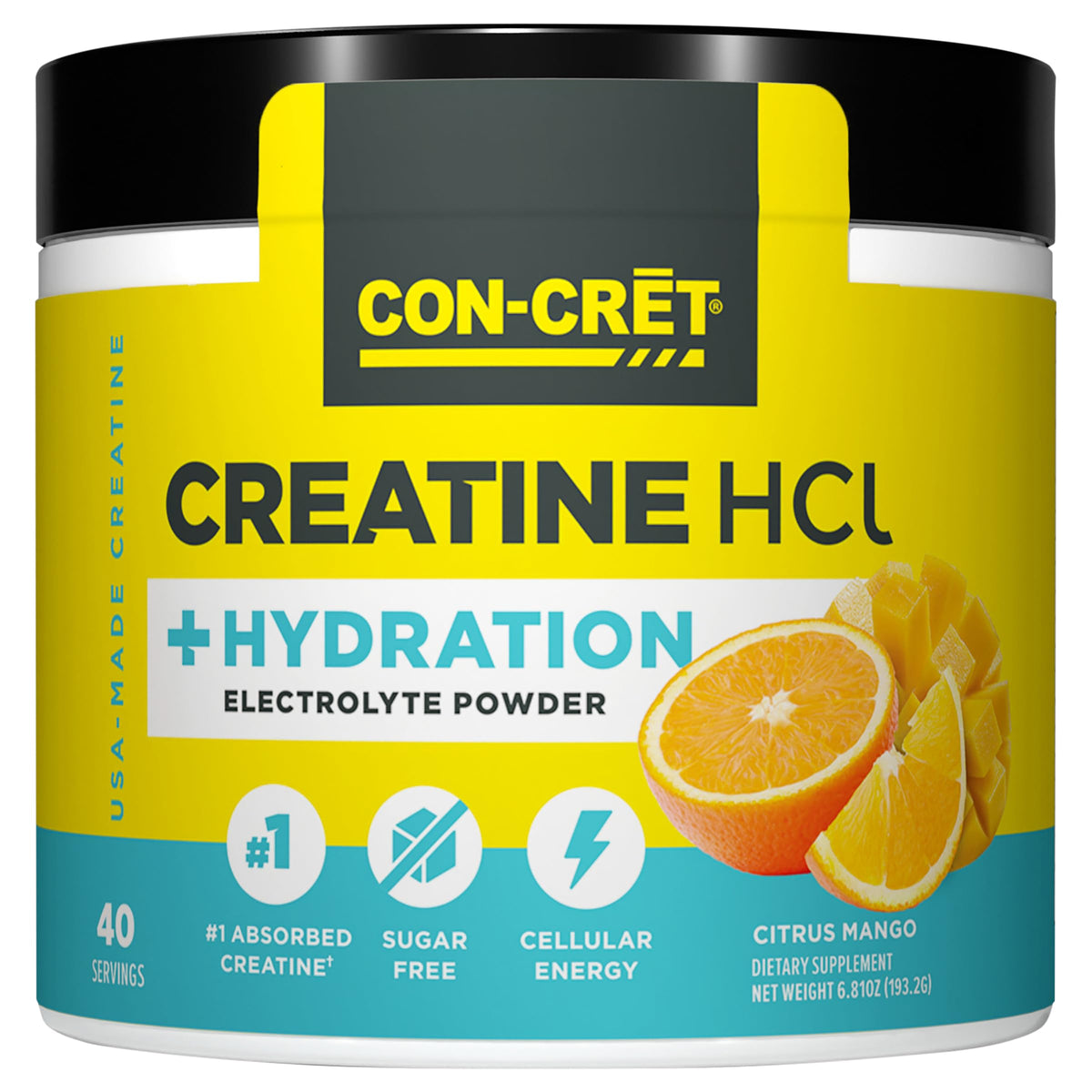 CON-CRET frente del envase mostrando sabor Citrus Mango y beneficios